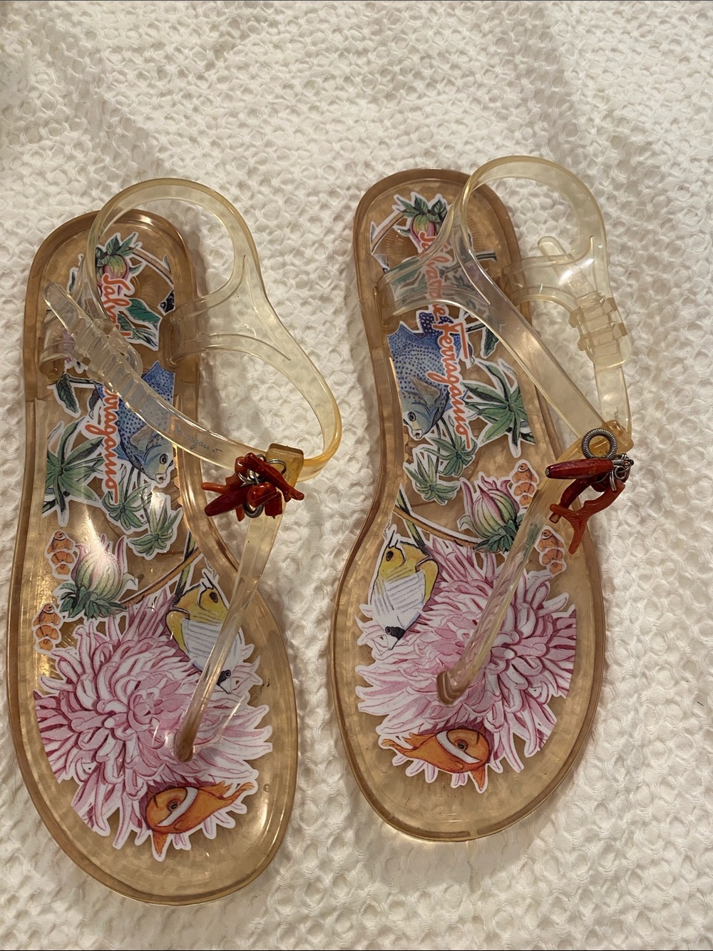 Clear Jelly Salvatore Ferragamo Sandals with Floral Insole and Red Coral Accent